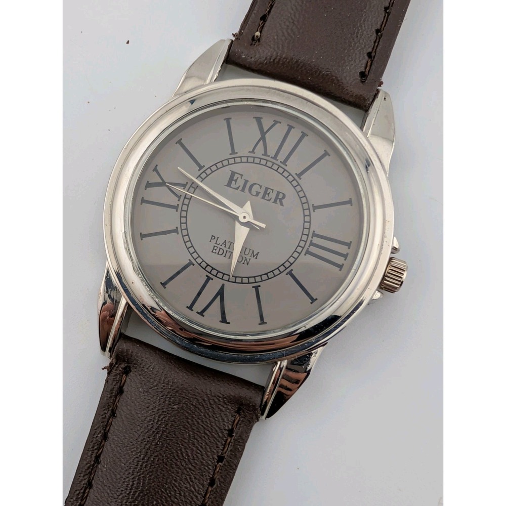 Eiger Watch Men 37mm Silver Case Brown Faux Leather Band- New Battery